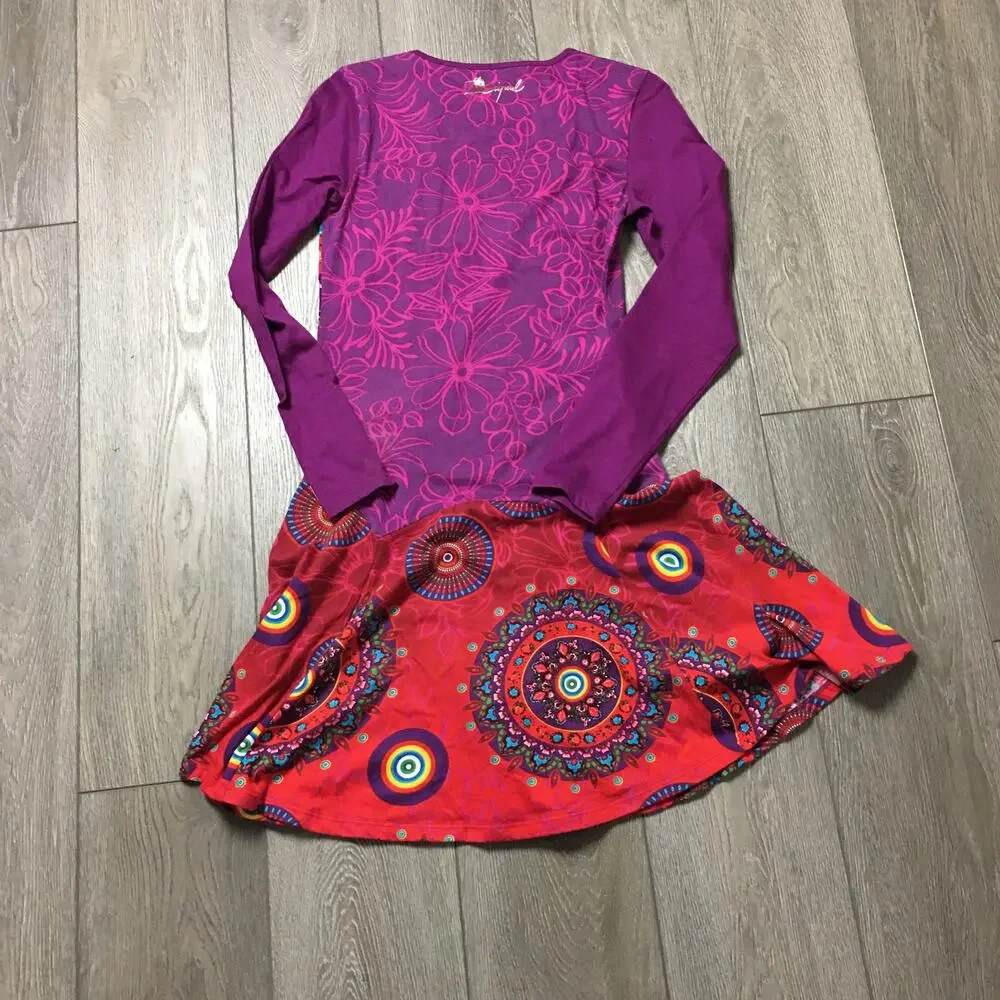 Desigual Multicolor Dress Purple Red Size 13/14 100% cotton